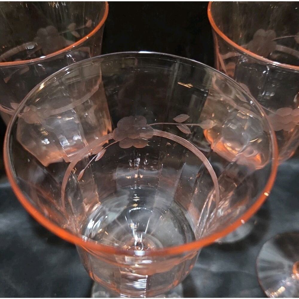 Set Of 4 Pink Depression Glass Water Goblets Etched Flowers 7 In - Picture 8 of 8